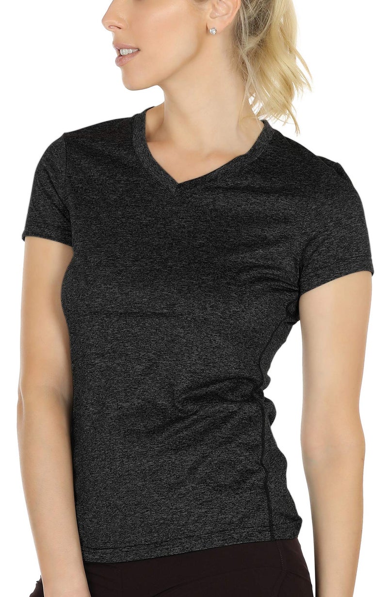 icyzone Workout Shirts Yoga Tops Activewear V-Neck T-Shirts for Women Running Fitness Sports Short Sleeve Tees (M, Black/Granite/Peach) - Image 2